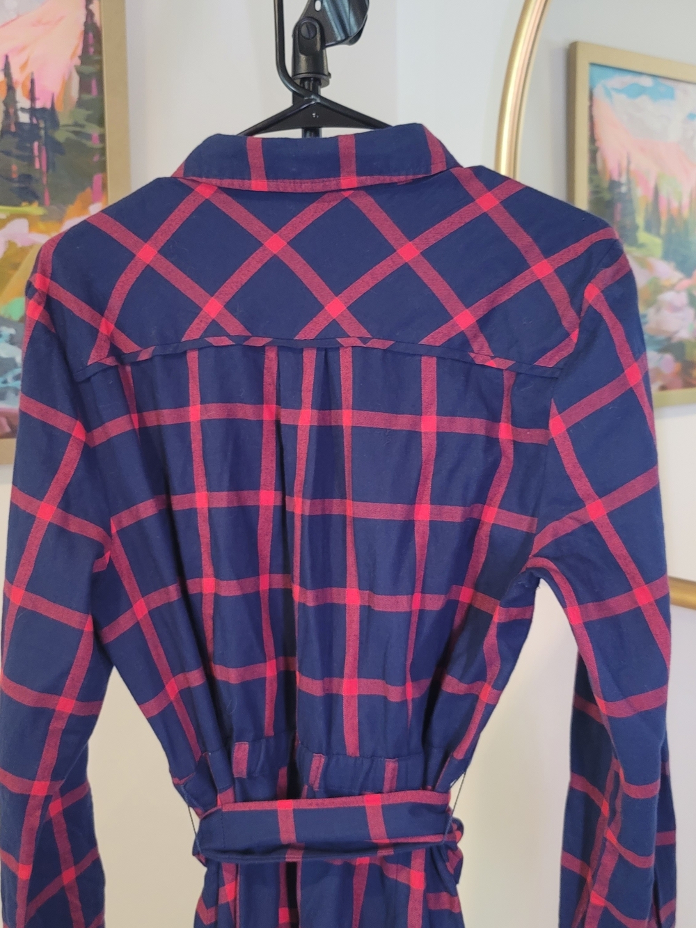 EUC J CREW Cotton Flannel Shirt Dress Navy Blue Red Plaid Preppy Women's Size 12 - Picture 6 of 12